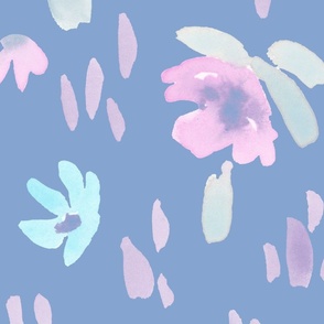 Handpainted Watercolor Ditsy Florals in Tossed Design |Pastel Shades on Periwinkle Blue | Jumbo Scale