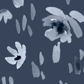 Handpainted Watercolor Ditsy Florals in Tossed Design | Navy Blue Monochrome | Jumbo Scale
