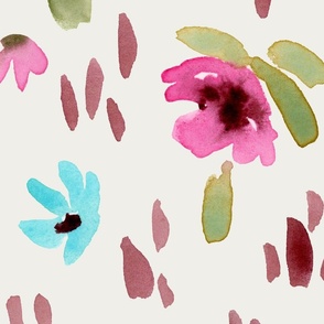 Handpainted Watercolor Ditsy Florals in Tossed Design | Pink, Green, Blue on Cream White | Jumbo Scale
