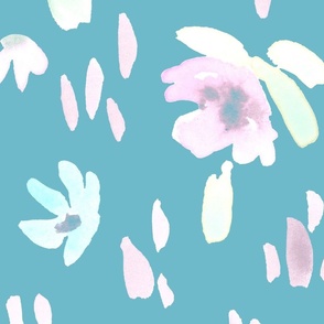 Handpainted Watercolor Ditsy Florals in Tossed Design | Pastel Shades on Verditer Blue | Jumbo Scale