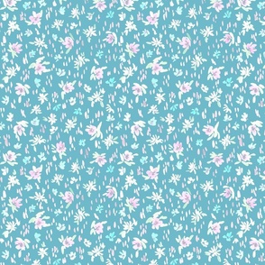 Handpainted Watercolor Ditsy Florals in Tossed Design | Pastel Shades on Verditer Blue | Small Scale