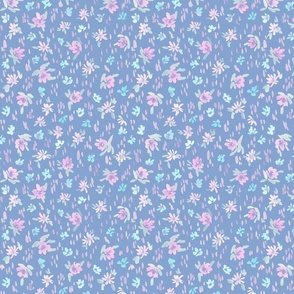 Handpainted Watercolor Ditsy Florals in Tossed Design | Pastel Shades on Periwinkle Blue | Small Scale