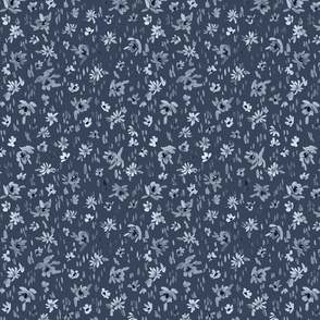 Handpainted Watercolor Ditsy Florals in Tossed Design | Navy Blue Monochrome | Small Scale