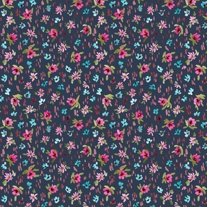 Handpainted Watercolor Ditsy Florals in Tossed Design | Pink, Green, Blue on Navy Blue | Small Scale