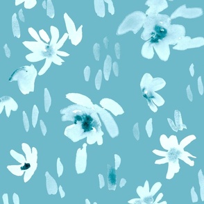 Handpainted Watercolor Ditsy Florals in Tossed Design | Verditer Blue Monochrome | Large Scale
