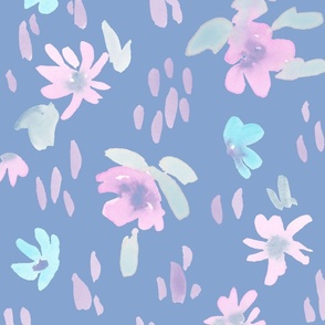 Handpainted Watercolor Ditsy Florals in Tossed Design | Pastel Shades on Periwinkle Blue | Large Scale