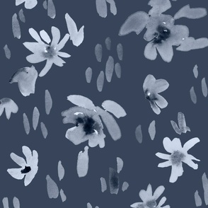 Handpainted Watercolor Ditsy Florals in Tossed Design | Navy Blue Monochrome | Large Scale