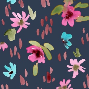 Handpainted Watercolor Ditsy Florals in Tossed Design | Pink, Green, Blue on Navy Blue | Large Scale
