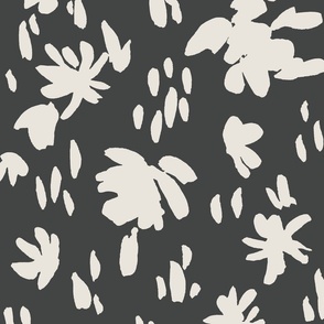 Handpainted Watercolor Ditsy Florals Silhouette in Tossed Design | Cream White on Dark Grey | Large Scale