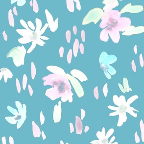 Handpainted Watercolor Ditsy Florals in Tossed Design | Pastel Shades on Verditer Blue | Large Scale