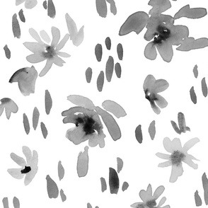 Handpainted Watercolor Ditsy Florals in Tossed Design | Black and White | Large Scale