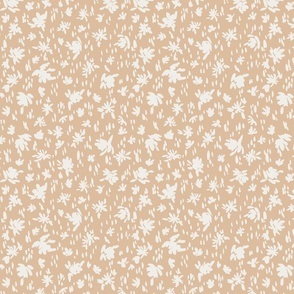 Handpainted Watercolor Ditsy Florals Silhouette  in Tossed Design | Cream White on Light Brown | Small Scale