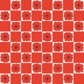 MEDIUM: Cute textured Red Bubble Flower on white Checkered square on Red and White Checkerboard