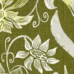 24” repeat heritage large handdrawn sunflowers, tulips, grapes in damask style in off white and green  on faux woven texture in sage green