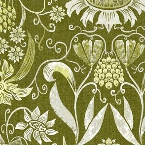 12” repeat heritage medium handdrawn sunflowers, tulips, grapes in damask style in off white and green  on faux woven texture in sage green