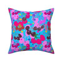 Red and Pink Cherries Photography, hand-drawing, with colorful polka dots on blue 1200  DPI
