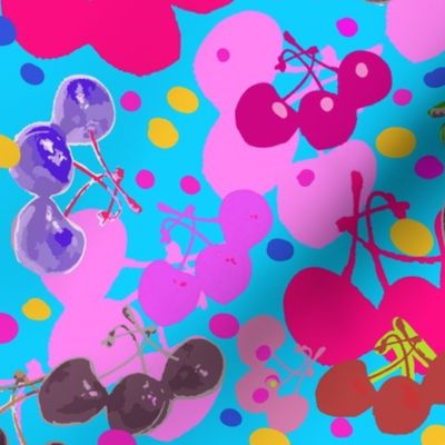 Red and Pink Cherries Photography, hand-drawing, with colorful polka dots on blue 1200  DPI