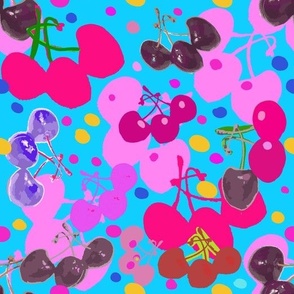 Red and Pink Cherries Photography, hand-drawing, with colorful polka dots on blue 1200  DPI