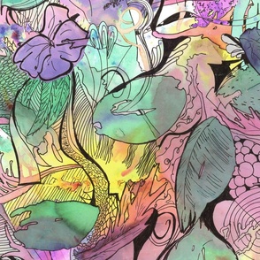 Forest Floor - Dopamine Hit - Large scale -  Colorful Inked Watercolor Pigment Tropical Leaves