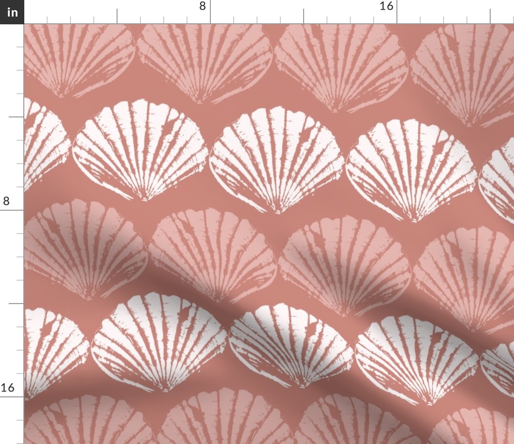 Seashells fan coastal block-print style in deep coral pink (large)