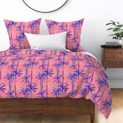 Small Half Drop Painterly Cerulean Blue Tropical Palm Trees with Musky Pink Background