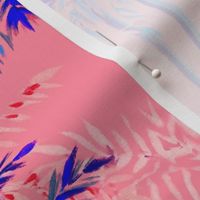 Small Half Drop Painterly Cerulean Blue Tropical Palm Trees with Musky Pink Background