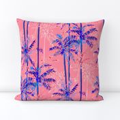 Small Half Drop Painterly Cerulean Blue Tropical Palm Trees with Musky Pink Background