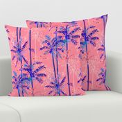 Small Half Drop Painterly Cerulean Blue Tropical Palm Trees with Musky Pink Background