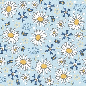 swedish summer flowers and flags on light blue | large