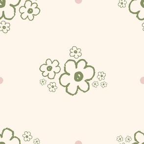 Extra Large_Hand Drawn Medium Olive Green Flowers and Light Dusty Pink Dots on a White Background