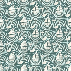 Boats on the sea in teal SMALL