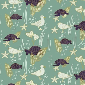 Lilac Turtles, cream colored Seagulls with white and golden Beach Plants and Shells | Medium Version | hand drawn Pattern of Beach Wildlife on Mint Background