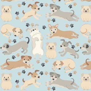 doodle dogs on pale blue ground