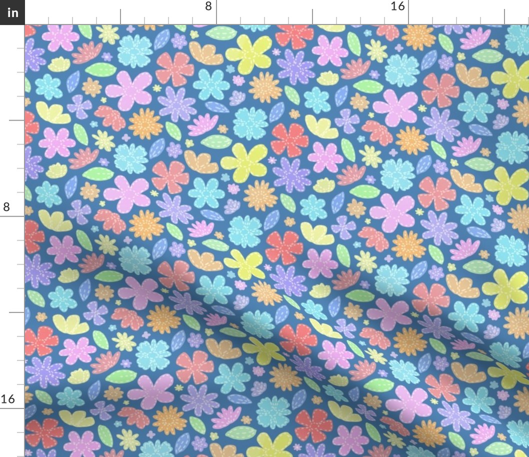 Mock Patchwork  Felt Florals in Pastel Rainbow Colours on a blue background 