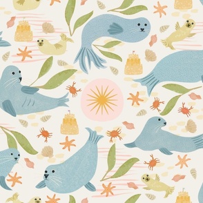 Sunny seals (Large half drop) - Seals and their baby cubs in this watercolor style beach design featuring starfish, seaweed, crabs and shells.