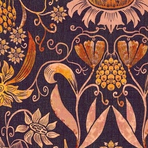 12” repeat heritage medium handdrawn sunflowers, tulips, grapes in damask style in orange, yellow and pale pink on faux woven texture On violet aubergine