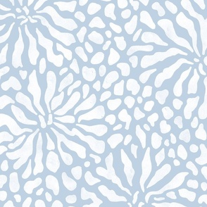 abstract boho garden - white stylized flowers on fog blue color - floral coastal botanical wallpaper