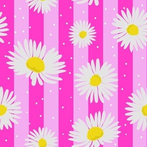 Modern White daisies on a pink background with fuchsia vertical stripes