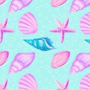 seashells colorful seamless pattern blue purple pink seashells witj white lines