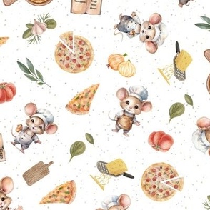 Chef mice cooking Italian pizza festive Ferragosto celebration baby cute mouse cooking food in Italy inspired cooking and baking 