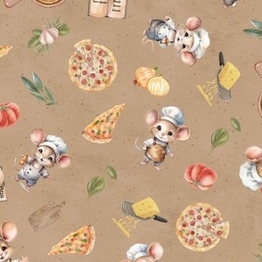 Pizza Lover chef mouse cooking Italian bread and food baking cheese and pepperoni pizza cute mice cooking in Italy inspired food cuisine tomato sauce