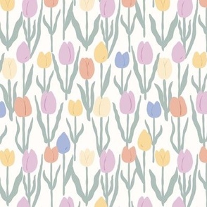 Spring pastel tulips, lilac peri and sage green