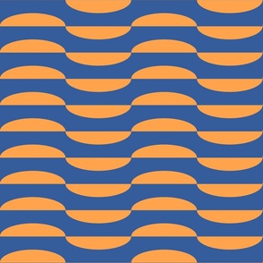 Geometric-vintage-orange-halved-alternating-ellipses-on-ocean-blue-resembling-waves-XL-jumbo