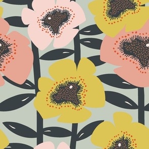 Pansy Flowers-Vintage- citron-coral-pink on blue