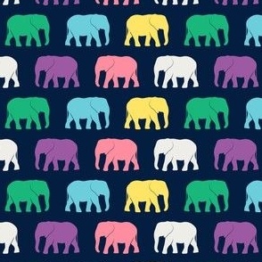 (3/4" scale) elephants - multi rainbow on navy - LAD24