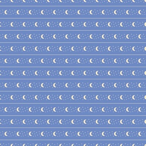 Celestial Crescent Moon and Stars Horizontal Stripe - Periwinkle Blue and Light Yellow - Small Scale - Witchy Fantasy Design for Halloween