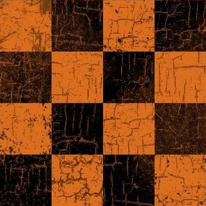 rustic checks black and orange, distressed, checkers, checkerboard, grunge, 2 inch large scale, halloween