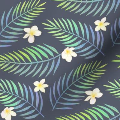 Palm And Plumeria Tropical Floral Beachwear Print in Navy Blue