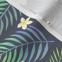 Palm And Plumeria Tropical Floral Beachwear Print in Navy Blue