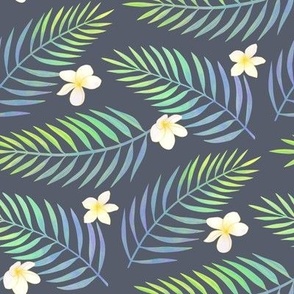 Palm And Plumeria Tropical Floral Beachwear Print in Navy Blue